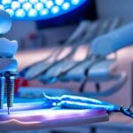 a sleek dental office with modern equipment showcases a close-up of a dental implant procedure, highlighting a titanium post being carefully placed in a patient’s jaw, illuminated by bright, focused clinical lighting to emphasize precision and innovation in dental care.