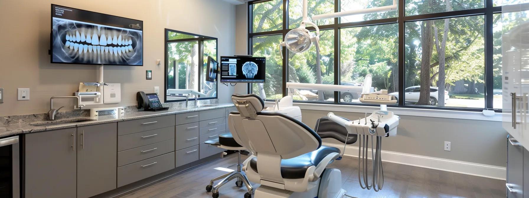 a sleek dental office with a well-lit examination room showcases a focused dental professional analyzing a digital screen displaying potential threats to dental implant longevity, emphasizing the importance of early identification for patient care.