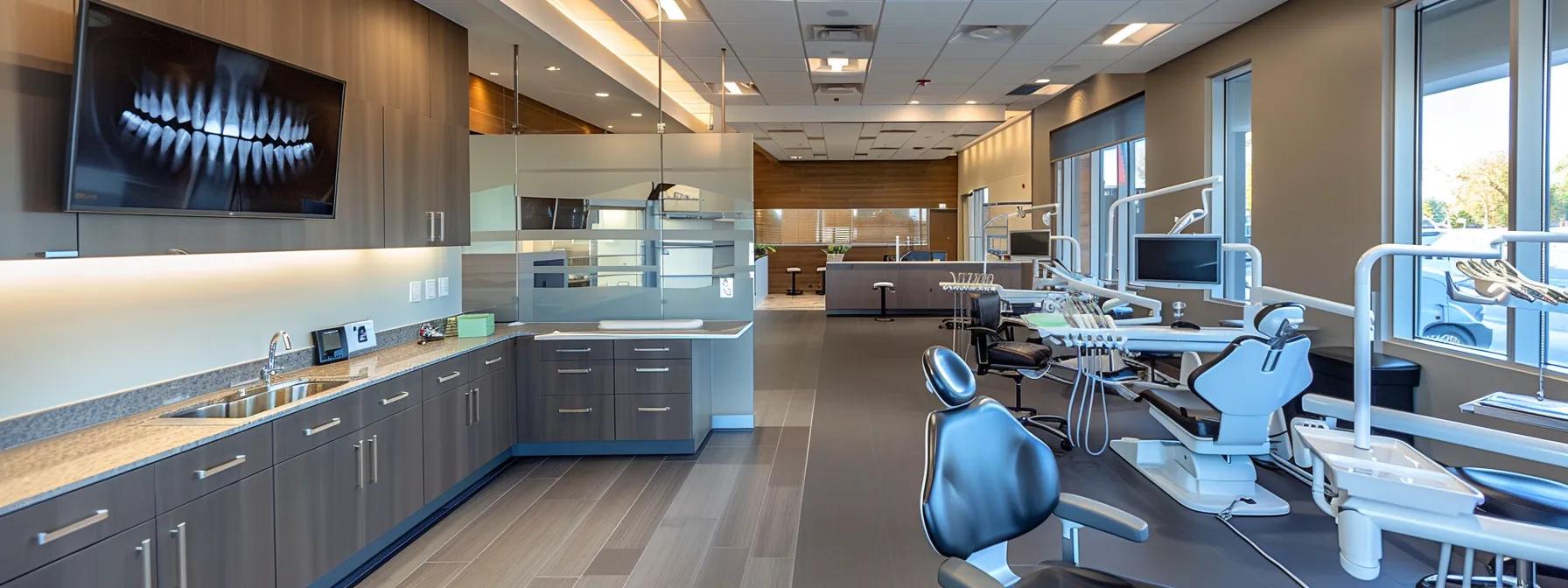 a sleek, modern dental office filled with innovative dental equipment and a digital display showcasing various types of dental implants, illuminated by warm, inviting overhead lighting.