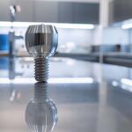 a sleek, modern dental office features a close-up view of a titanium dental implant positioned on a polished countertop, with a blurred background of advanced dental equipment, highlighting its pivotal role in restorative dentistry.