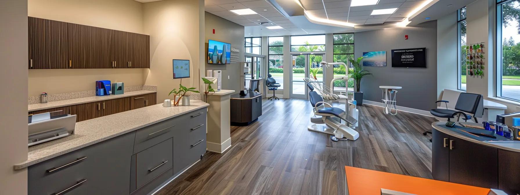 a sleek, modern dental clinic in lake worth showcases a warm, inviting environment with bright, polished finishes and dental equipment, emphasizing the cutting-edge journey to receiving dental implants.