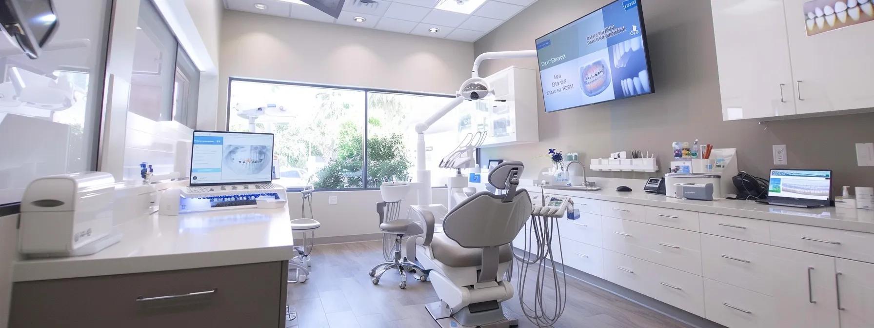 a sleek, modern dental office showcases a pristine treatment area with a high-tech dental chair and a large digital display illustrating oral hygiene tips, emphasizing the importance of lifestyle choices in maintaining the health of dental implants.