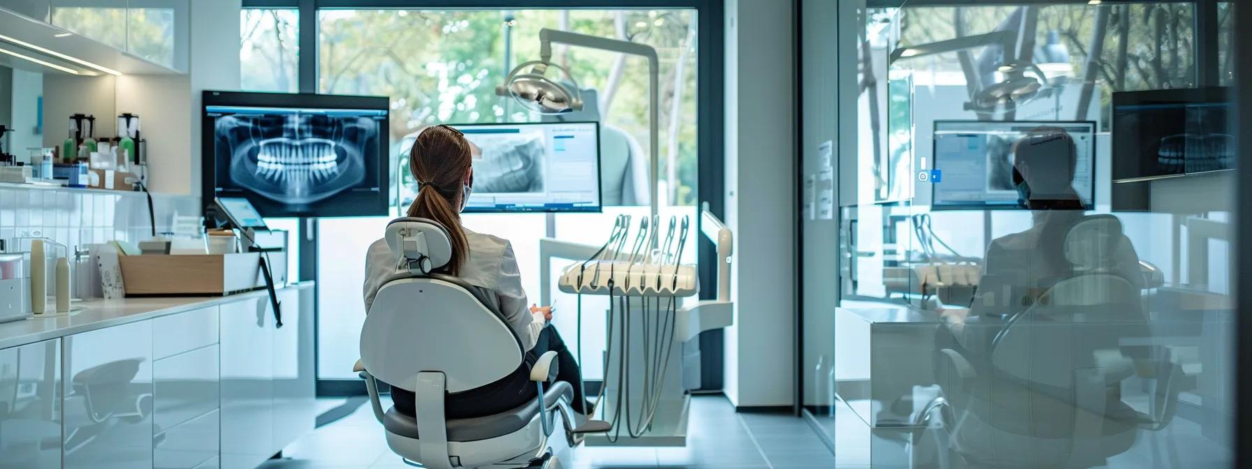 a sleek, modern dental clinic interior showcasing a patient seated comfortably in a state-of-the-art dental chair, with a focused dentist explaining the dental implant process using a high-tech digital display in the background.