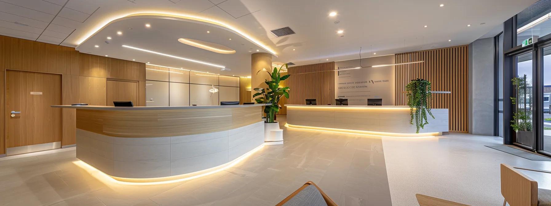 a sleek, modern dental clinic reception area in mansfield, featuring minimalist decor, bright led lighting, and a welcoming atmosphere, perfectly showcasing the professionalism and expertise of premier dental implant care.