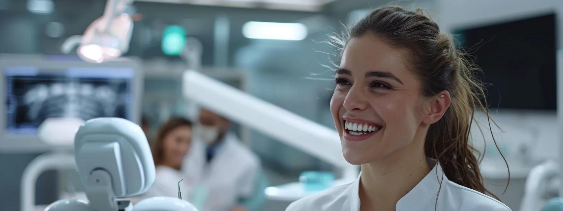 a sleek, modern dental clinic setting showcases a confident patient smiling brightly while a professional dentist discusses personalized care routines, emphasizing the importance of maintaining dental implants for lasting health and aesthetics.