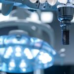 a sleek, modern dental office is illuminated by bright overhead lights, showcasing a close-up of a dental implant procedure in progress, with a focus on the shiny titanium post being carefully placed into a model jawbone, highlighting the high-tech tools and sterile environment that emphasize the durability and advanced technology of dental implants.
