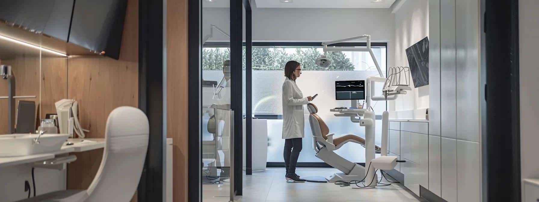 a sleek, modern dental clinic interior featuring a patient consultation area, with a dentist reviewing a digital treatment plan on a tablet, highlighting the professional and high-tech approach to the dental implant procedure journey.