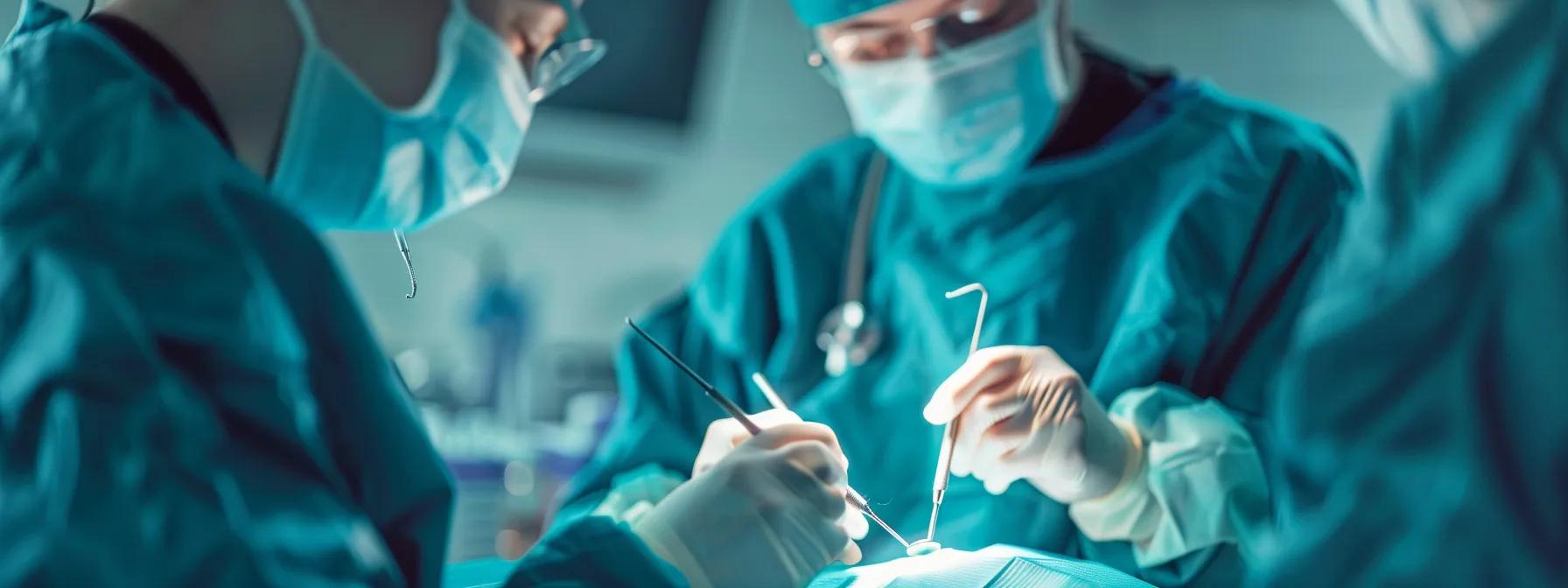 a sterile dental clinic setting showcases a close-up of a dental implant procedure in action, highlighting advanced surgical tools and a focused dental professional against a backdrop of polished equipment and clinical precision.