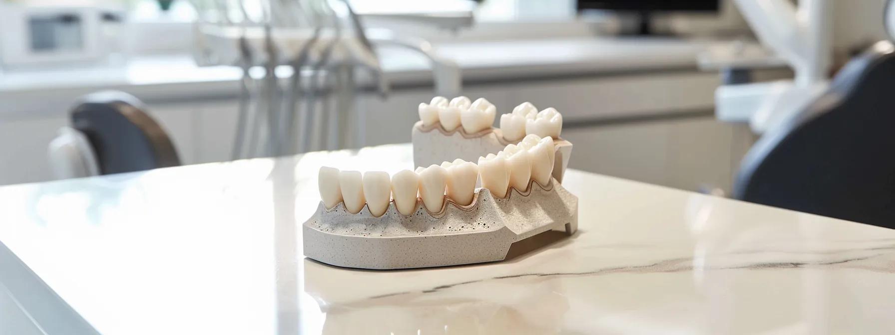 an elegantly designed dental clinic interior showcases a polished dental implant alongside traditional dentures and bridges on a sleek countertop, emphasizing the longevity and modernity of dental implants in contrast to alternative tooth replacements.