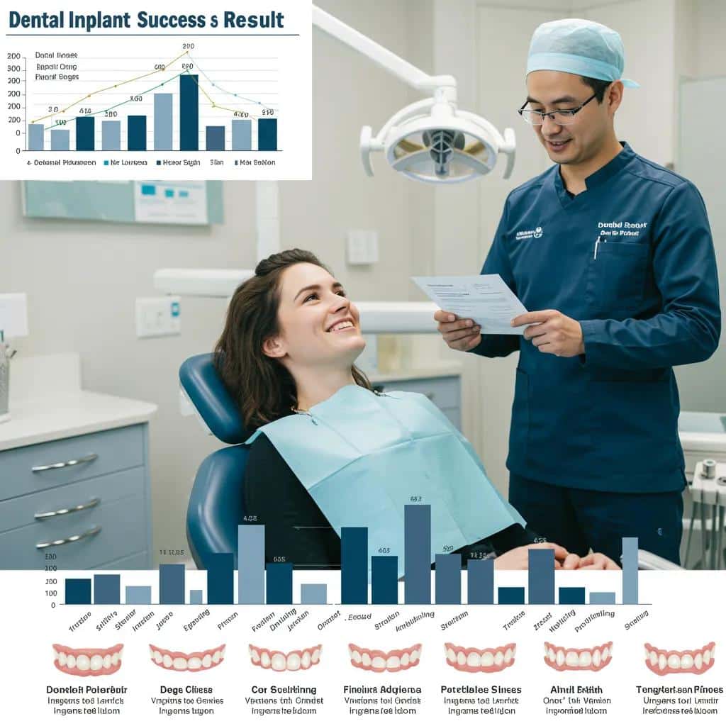 Patient and surgeon discussing dental implant success rates in a dental office