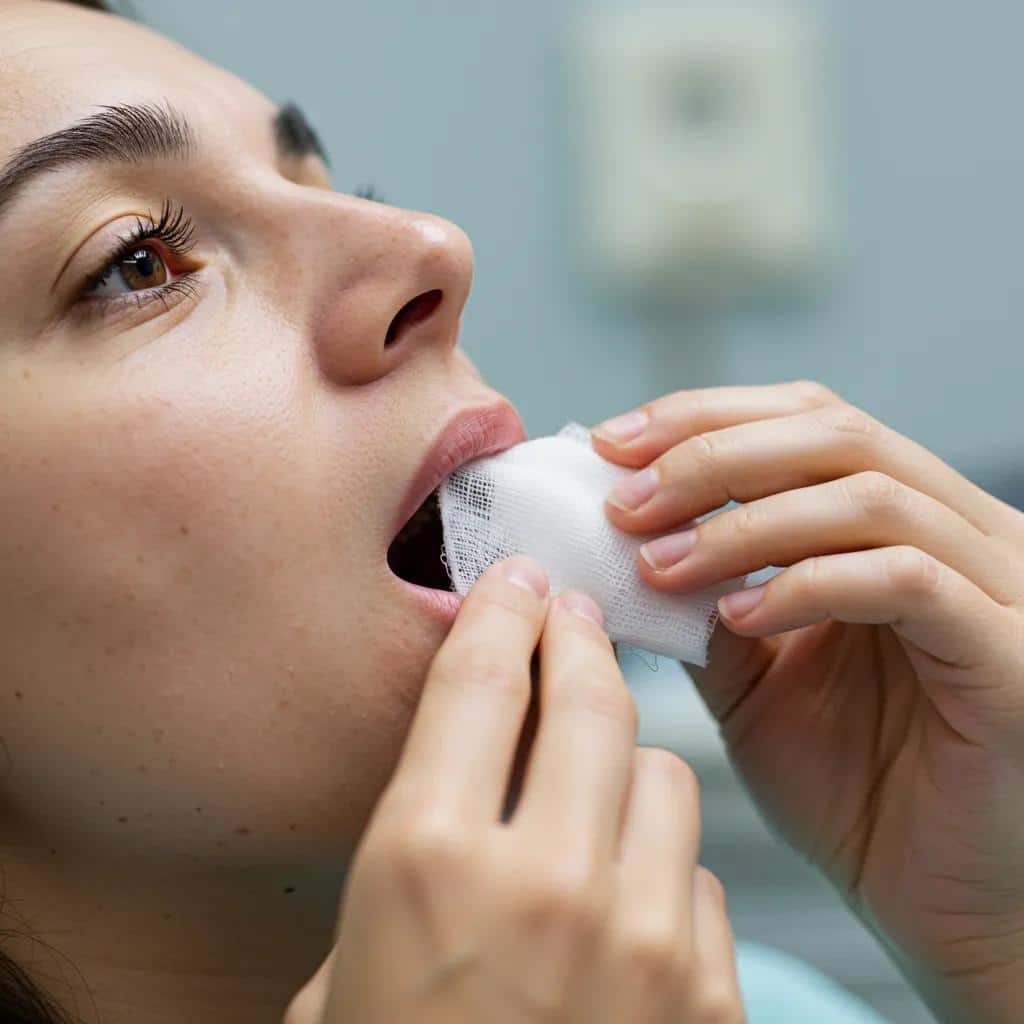 Patient applying gauze after dental implant surgery in a dental clinic