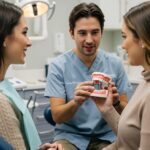 Patient consulting with a dentist about dental implant options in a warm dental office
