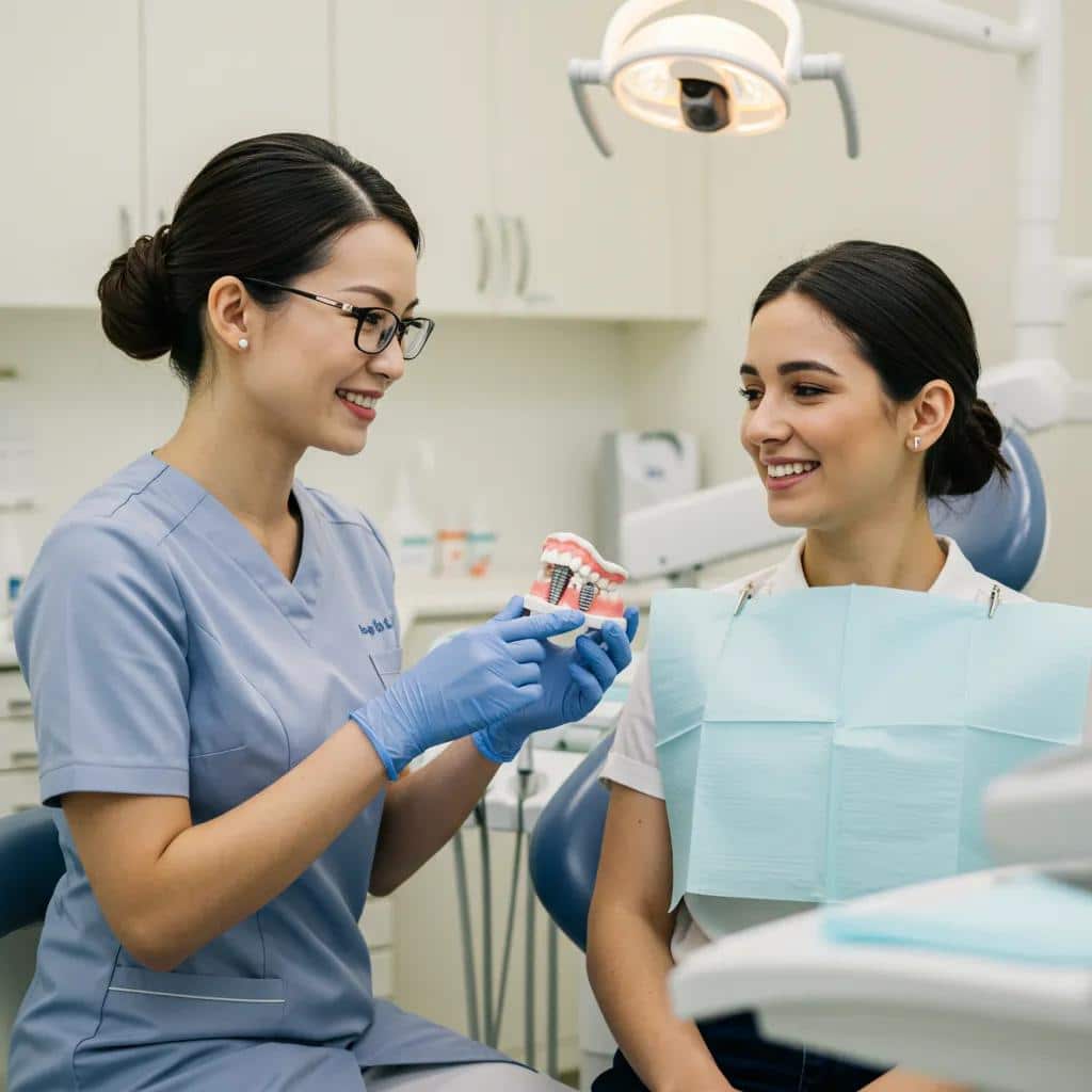 Patient consulting with dentist about dental implants in a welcoming clinic