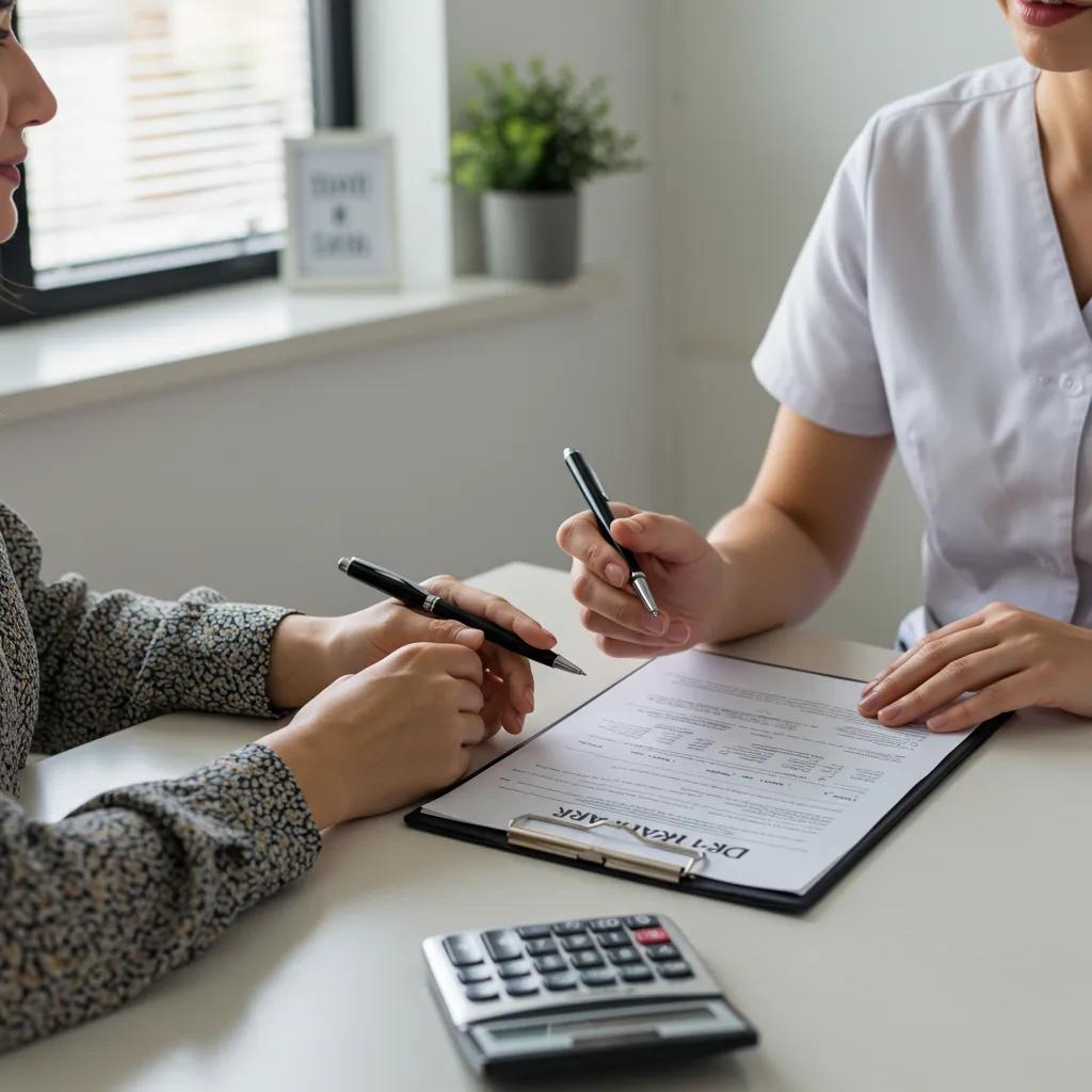 Patient discussing financing options for dental implants with a financial advisor in an office