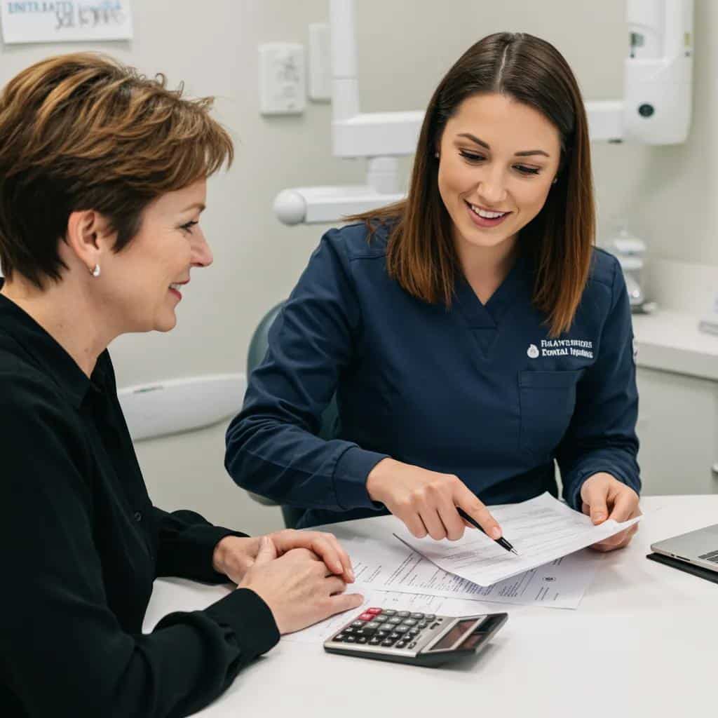 Patient discussing financing options for dental implants with dental office staff in a welcoming environment
