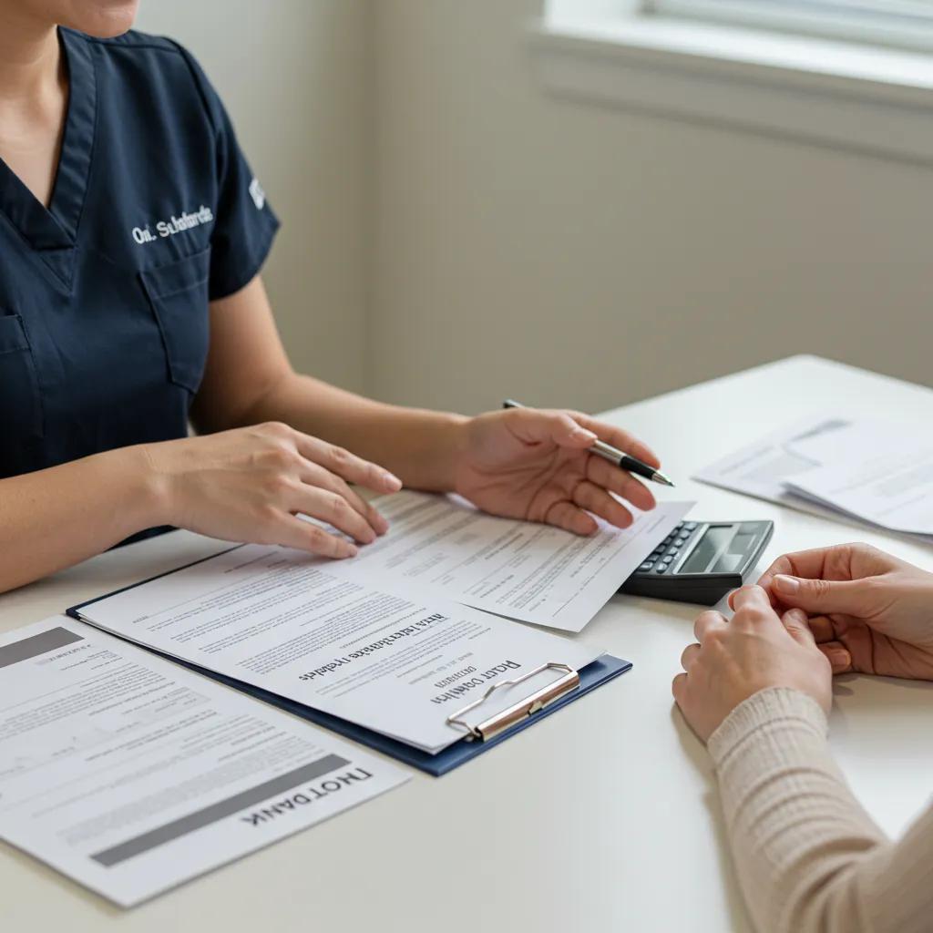 Patient discussing financing options for dental implants with staff
