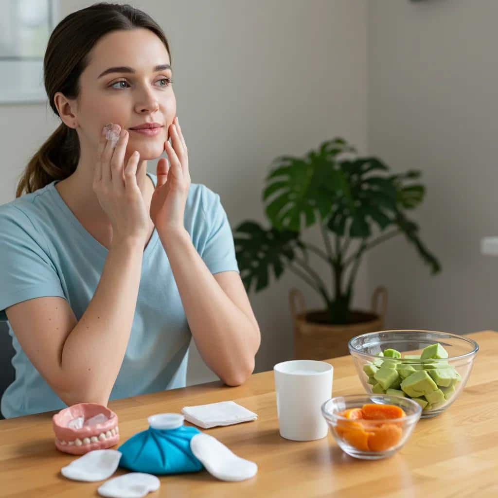 Patient managing post-surgery care for dental implants with gauze, ice packs, and soft foods