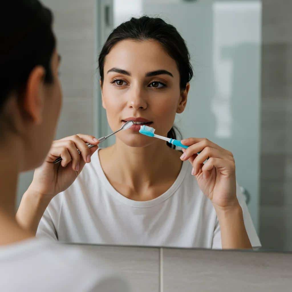 Patient practicing dental hygiene at home, emphasizing aftercare for dental implants