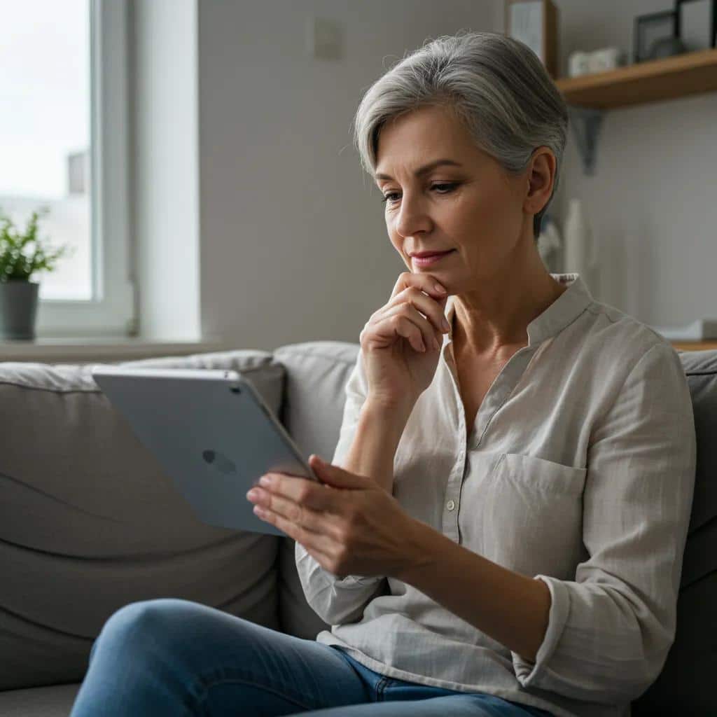 Patient reading dental surgeon reviews on a tablet at home