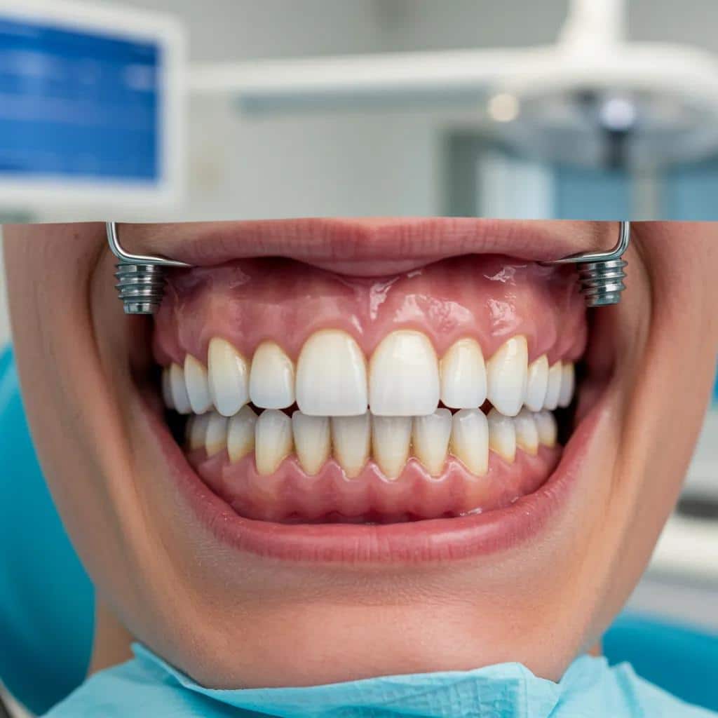 Patient smiling with full mouth dental implants in a bright dental office