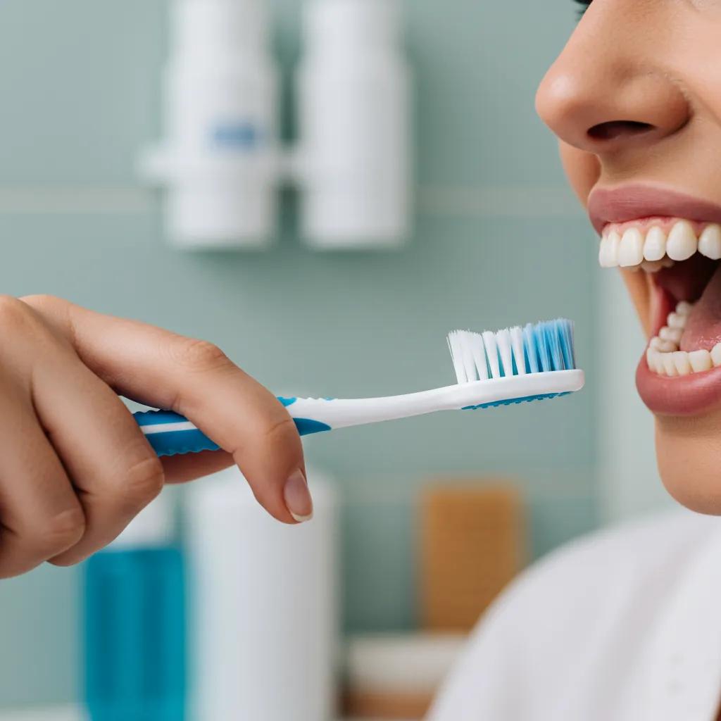 Person brushing dental implants in a bright bathroom, emphasizing daily maintenance and care