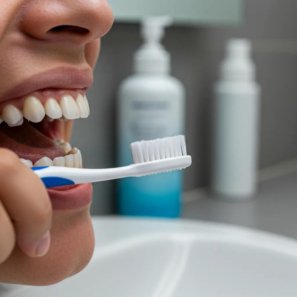 Person brushing dental implants with a soft-bristle toothbrush in a bright bathroom