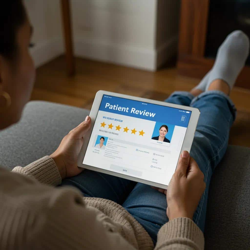 Person reading patient reviews on a tablet in a cozy home setting