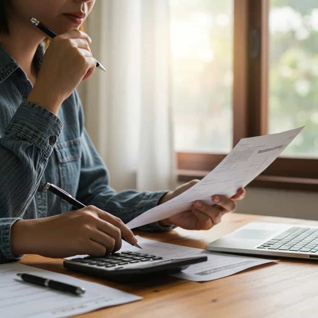 Person reviewing dental insurance documents and calculating costs in a cozy home office