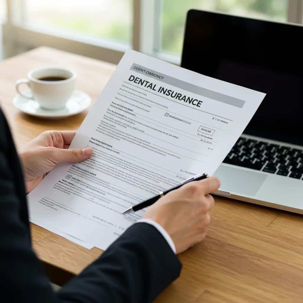 Person reviewing dental insurance documents related to dental implants