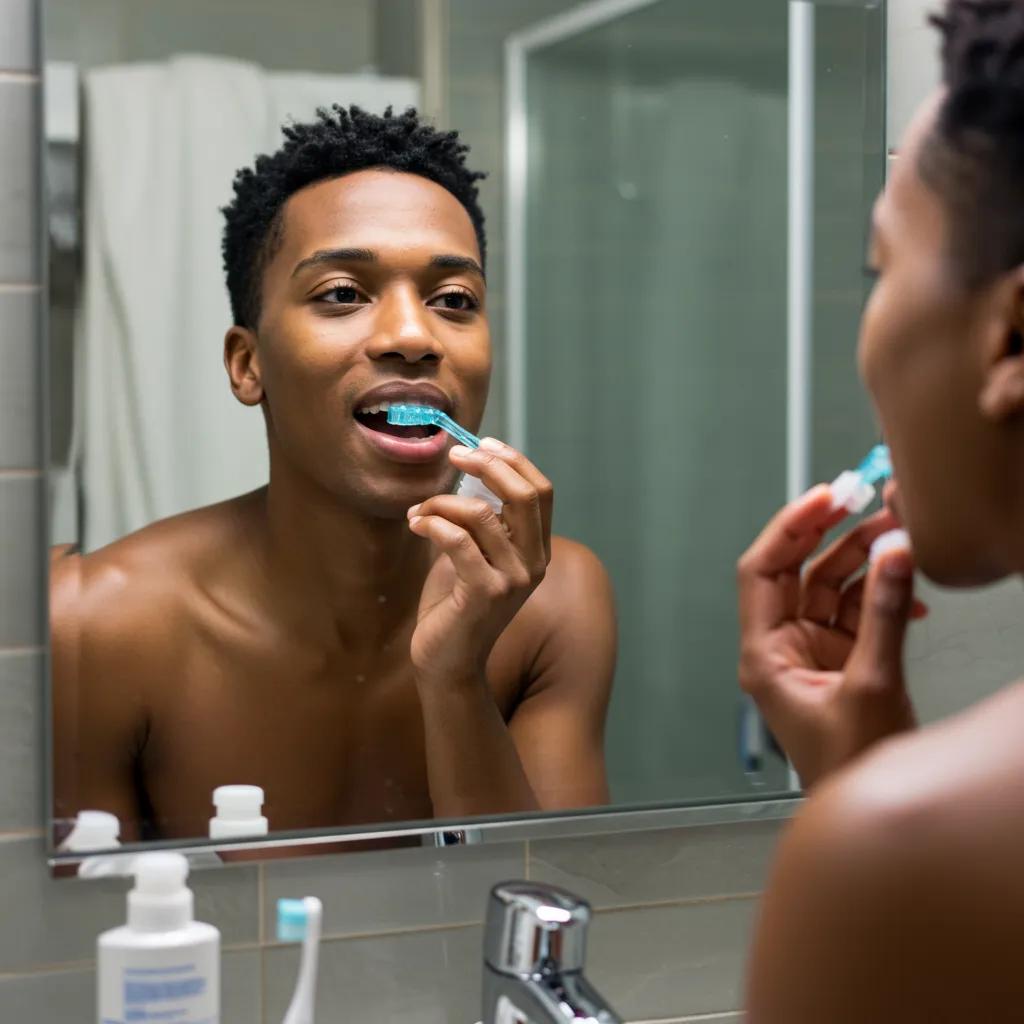 Person rinsing mouth with alum solution in a bright bathroom, showcasing a healthy smile