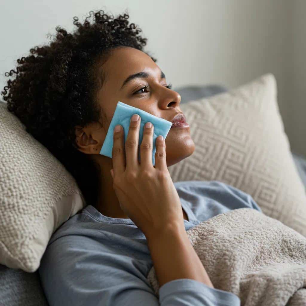 Person using a cold compress at home for pain management after dental veneers, emphasizing comfort