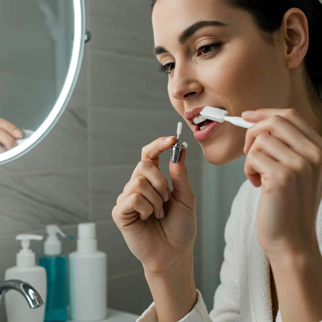 Person using an interdental brush for dental implant home care