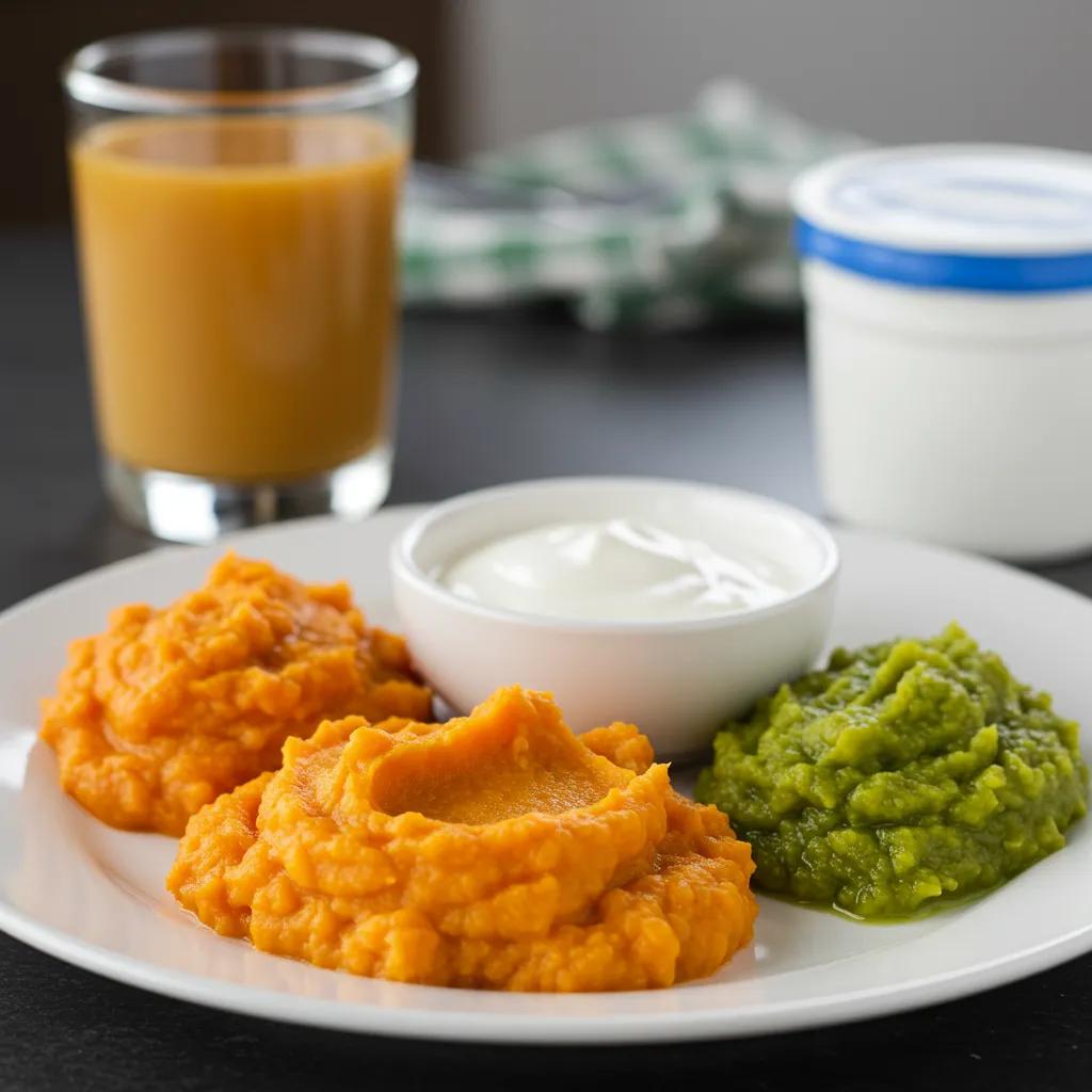 Plate of soft foods for dental implant recovery including mashed sweet potatoes, pureed vegetables, and Greek yogurt