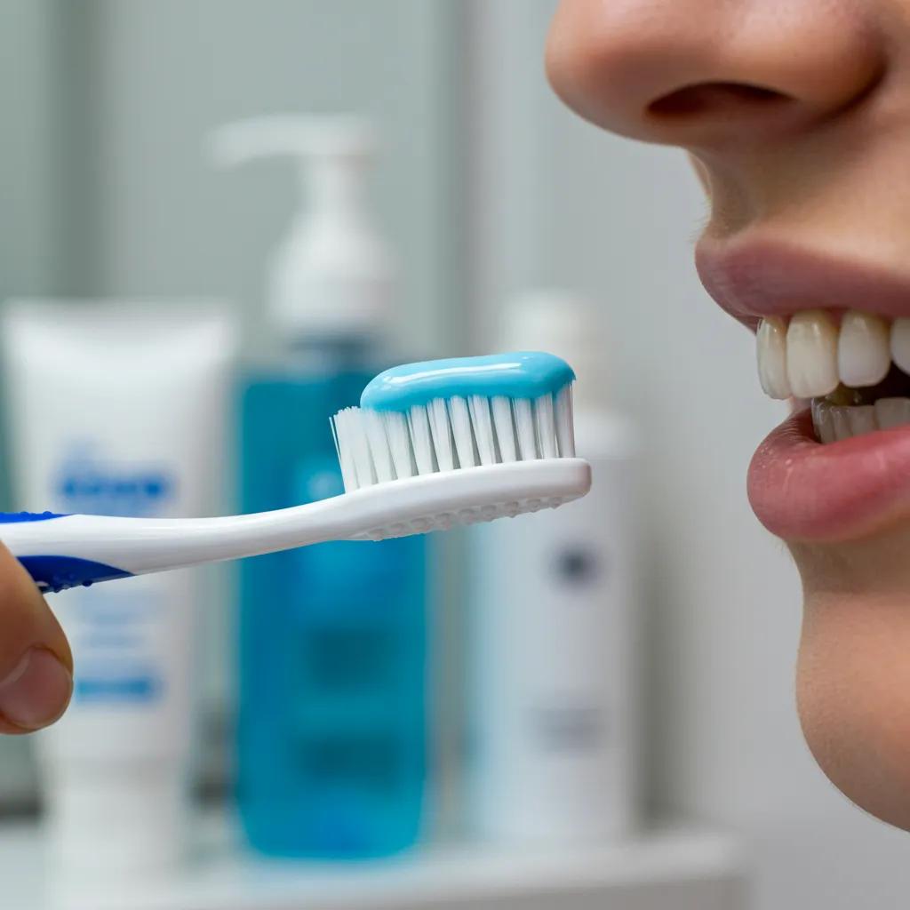 Proper brushing technique for dental implants with a soft-bristled toothbrush in a bright bathroom