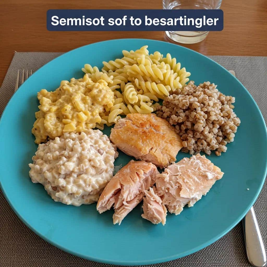 Semi-soft foods for transitioning after dental implants including well-cooked pasta, tender fish, and soft grains