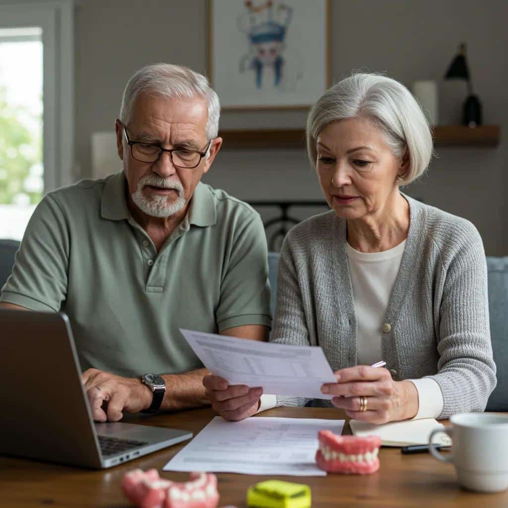 Senior couple discussing dental implant financing options at home with documents and a laptop