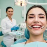 Smiling patient in a dental clinic after dental implant treatment, showcasing a radiant new smile