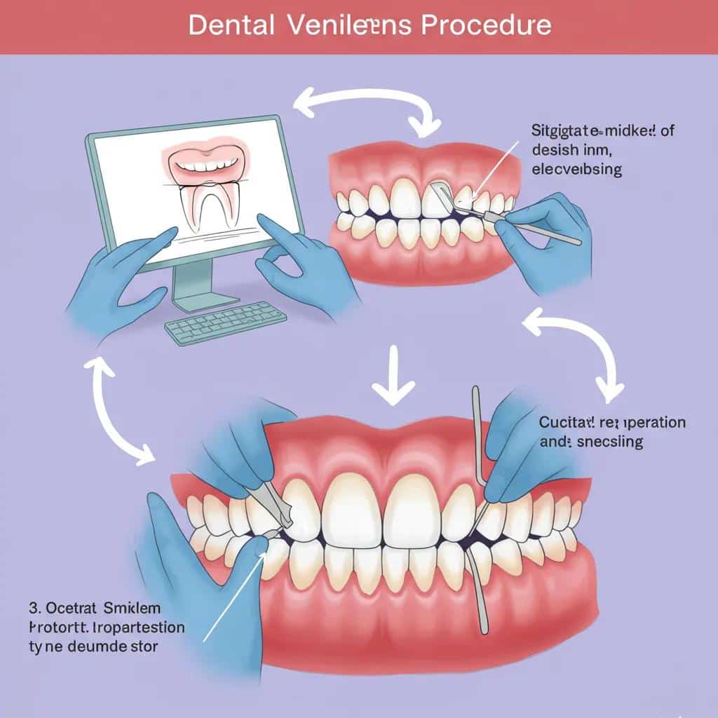 Step-by-step visual guide of the dental veneers procedure including consultation, preparation, and placement