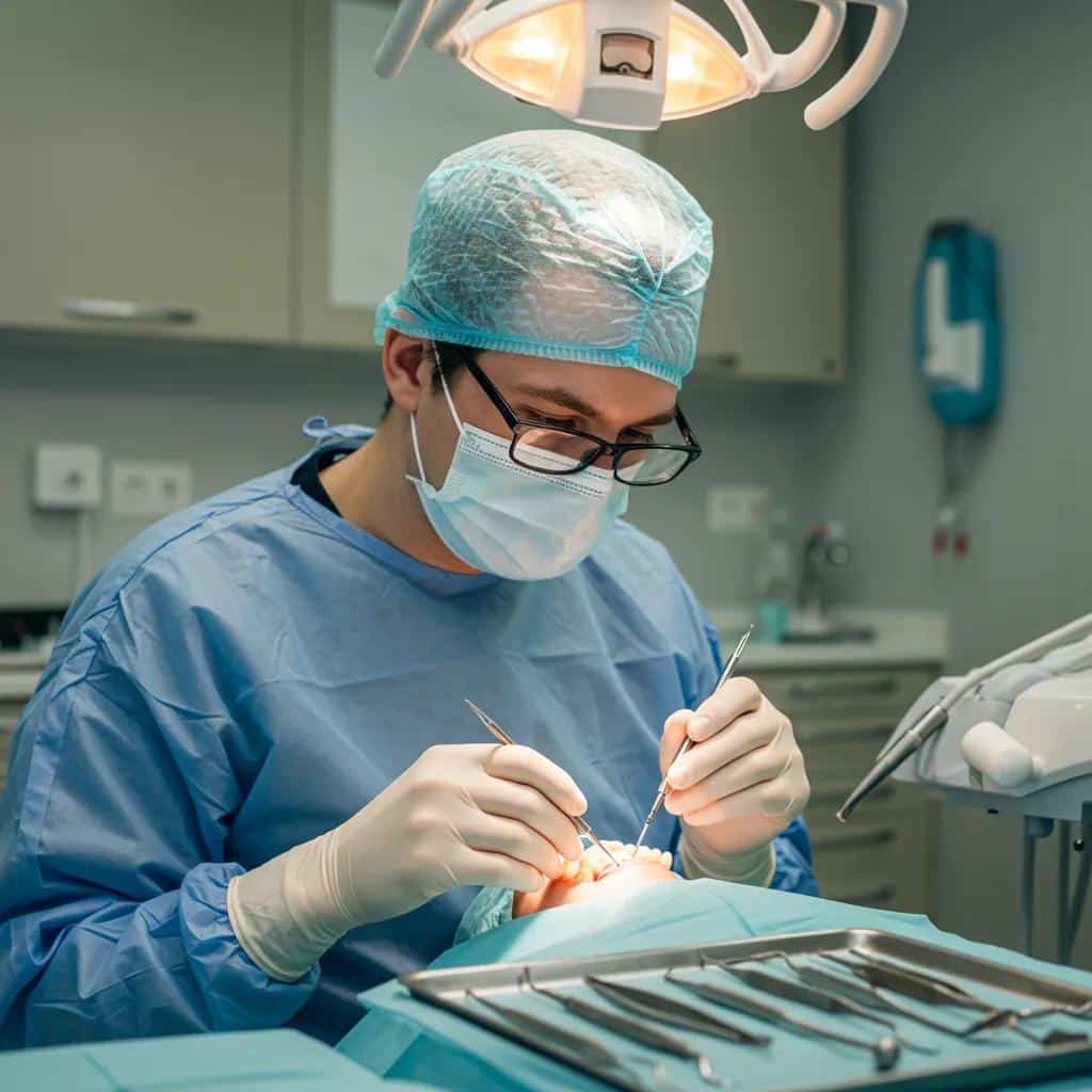 Surgeon performing dental implant surgery in a sterile environment