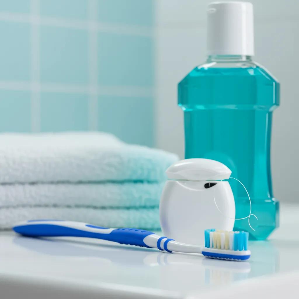 Toothbrush, dental floss, and mouthwash on a bathroom counter, illustrating best practices for gum disease prevention