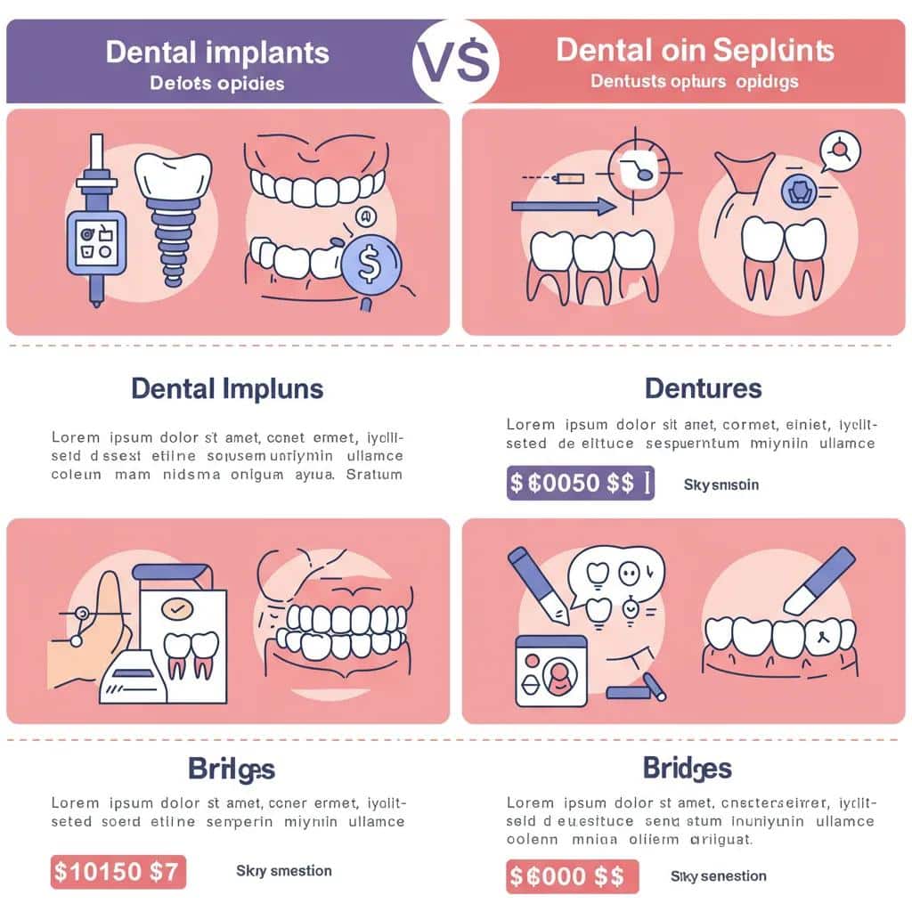 Visual comparison of dental implants, dentures, and bridges