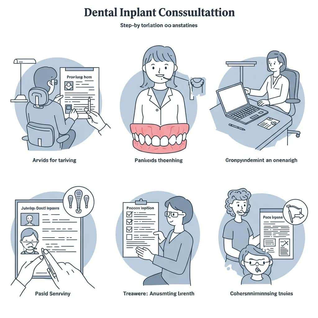 Visual representation of the dental implant consultation process, showing patient steps