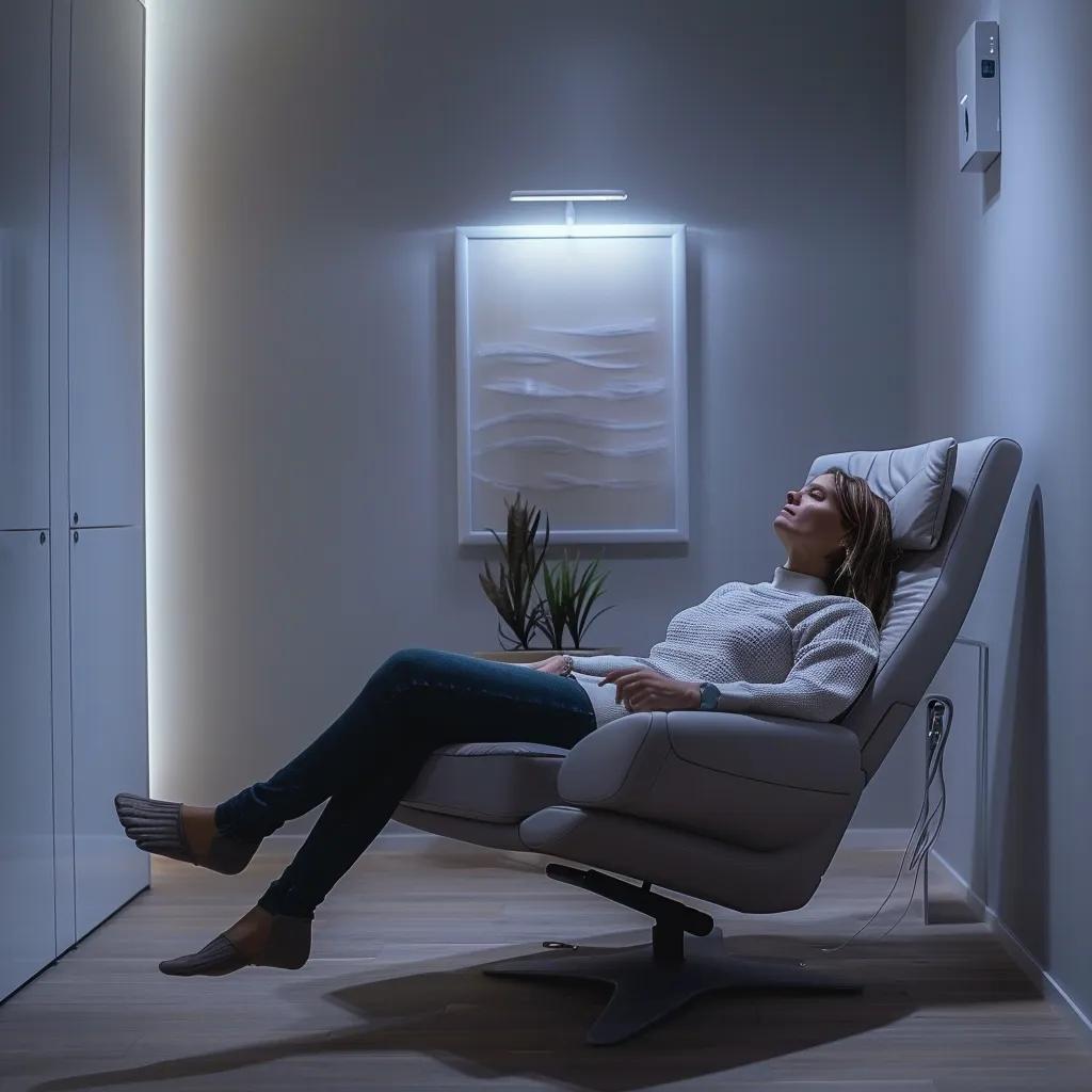 Patient practicing relaxation techniques in a calming dental office environment