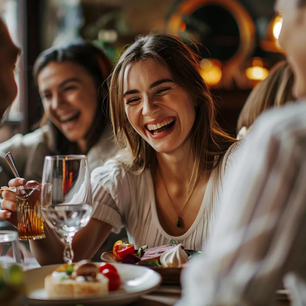 Happy patient enjoying a meal with friends after dental implant treatment