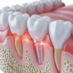 Close-up of a dental implant site showing symptoms of peri-implantitis with inflammation