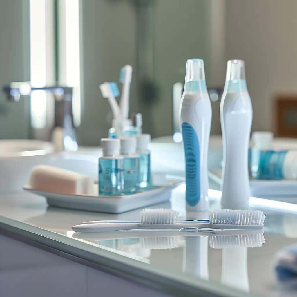 Dental care products for maintaining dental implants on a bathroom counter