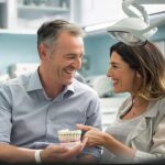 Dental consultation scene showcasing a patient discussing dental implants with a dentist in a welcoming clinic environment