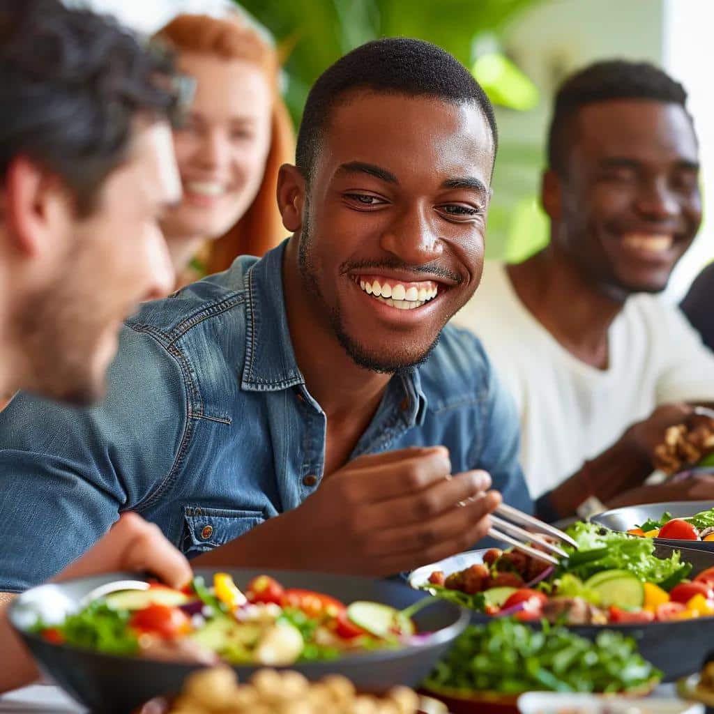 Group of people enjoying a meal, illustrating the improved chewing ability and dietary options with dental implants