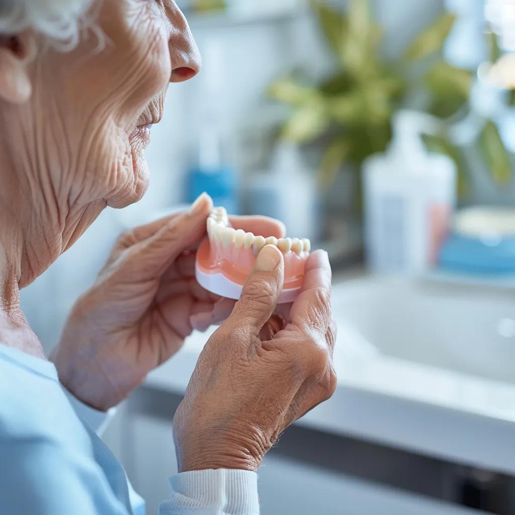Senior individual cleaning dentures at home, emphasizing maintenance for longevity