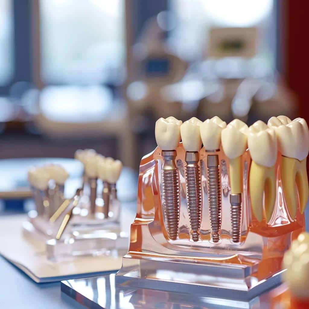 Different types of dental implants displayed for patient education